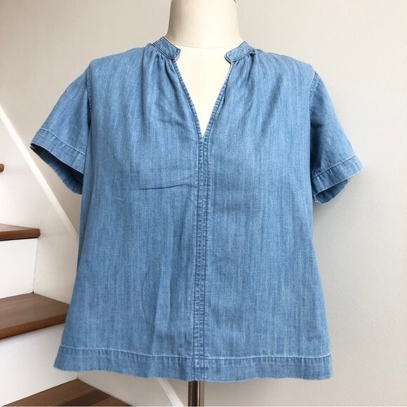 Madewell Blouse Womens Size XXS Blue Chambray Short Sleeve V Neck Oversized Boxy - Picture 1 of 11